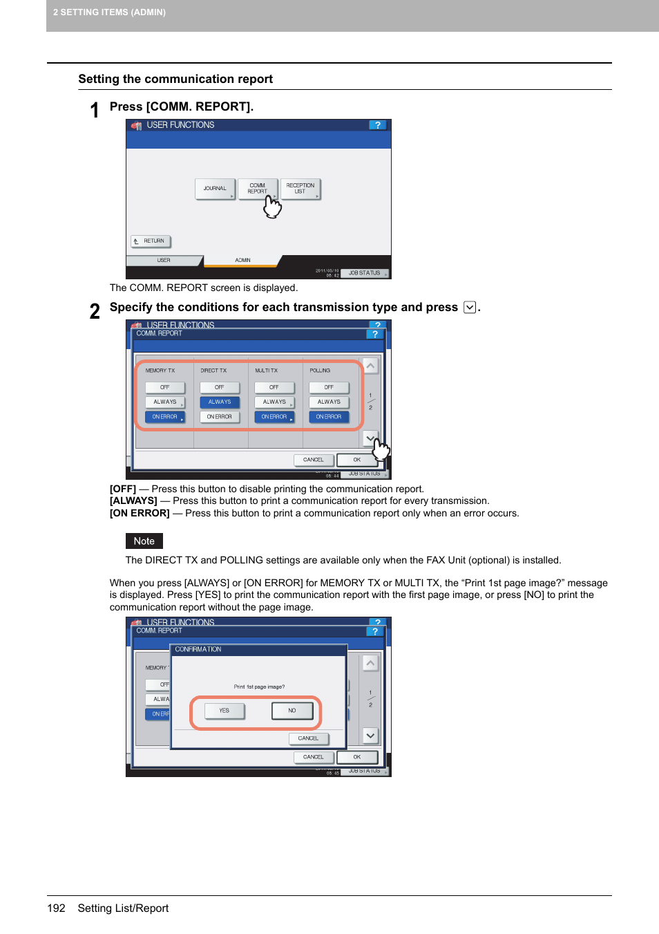 P.192 “setting the communication report | Toshiba multifunctional digital color systems e-STUDIO4540C User Manual | Page 194 / 282