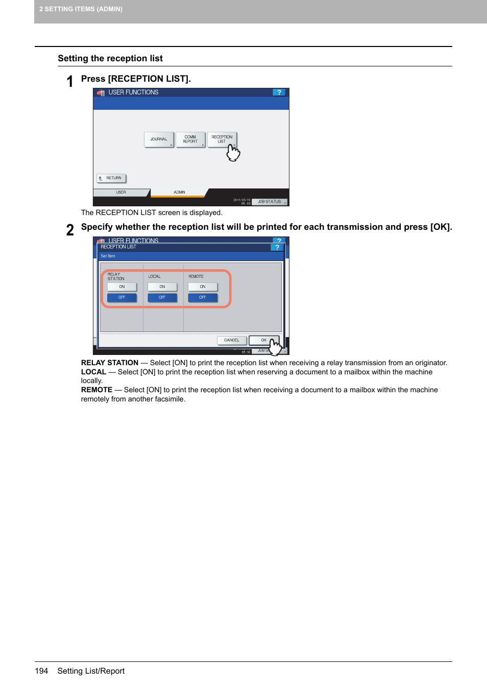 P.194 “setting the reception list | Toshiba multifunctional digital color systems e-STUDIO4540C User Manual | Page 196 / 282