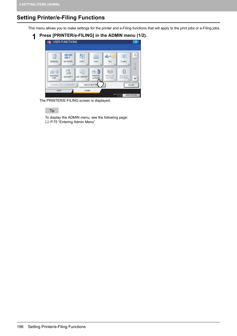 Setting printer/e-filing functions, P.196 “setting printer/e-filing functions | Toshiba multifunctional digital color systems e-STUDIO4540C User Manual | Page 198 / 282