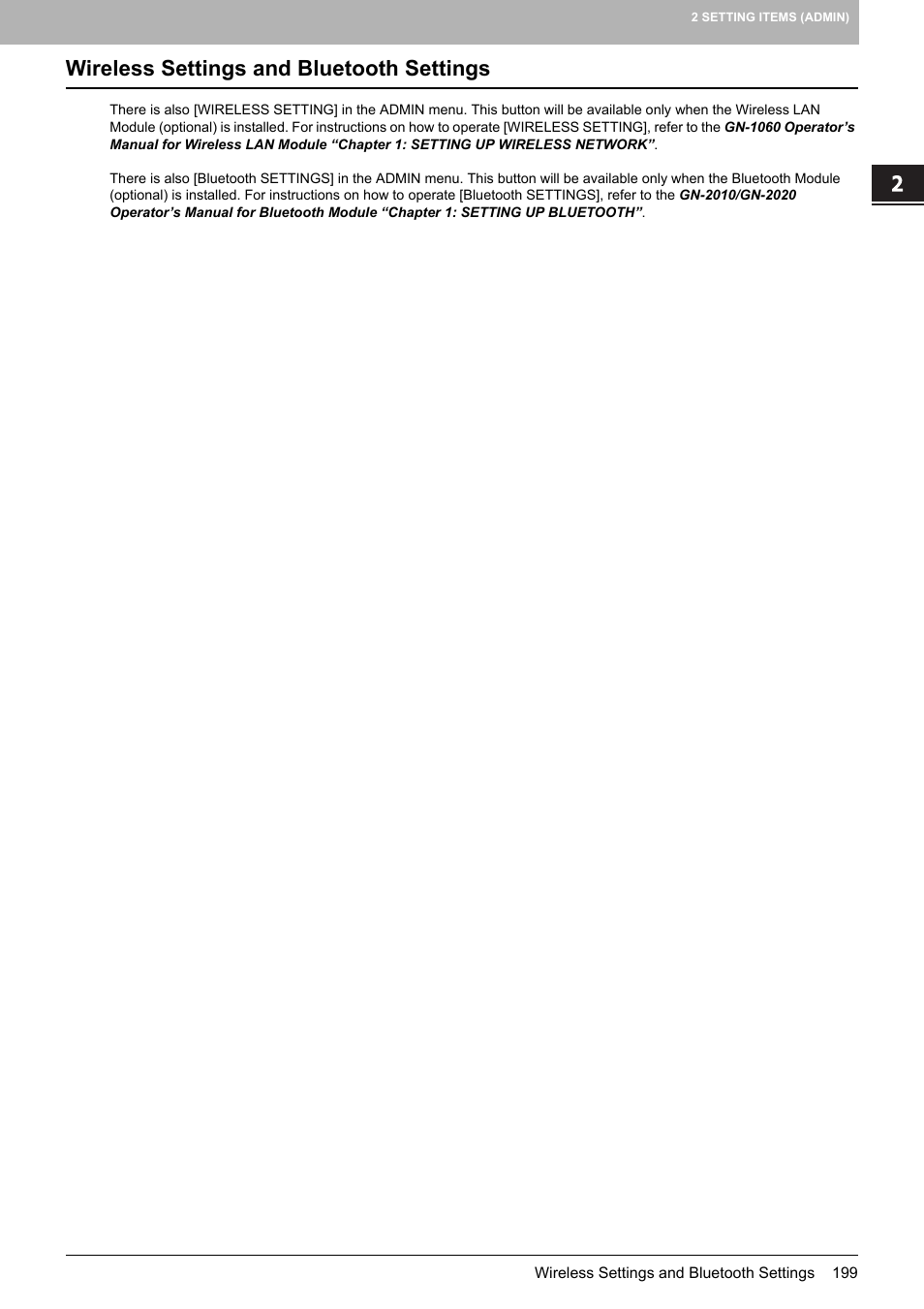 Wireless settings and bluetooth settings, P.199 “wireless settings and bluetooth settings | Toshiba multifunctional digital color systems e-STUDIO4540C User Manual | Page 201 / 282