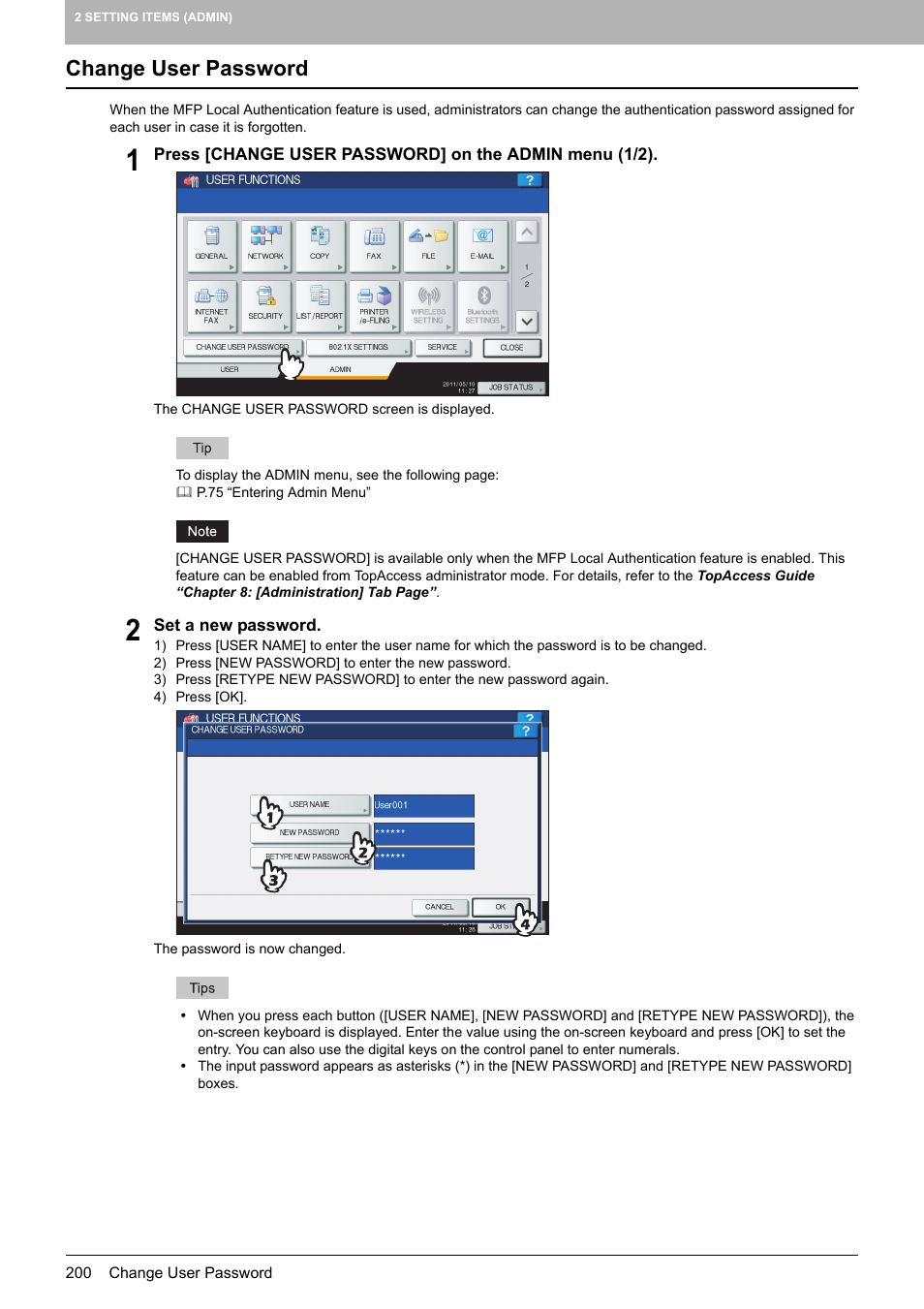 Change user password, P.200 “change user password | Toshiba multifunctional digital color systems e-STUDIO4540C User Manual | Page 202 / 282