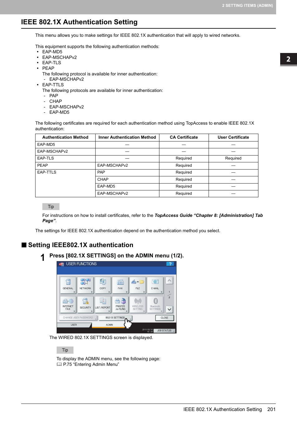 Ieee 802.1x authentication setting, Setting ieee802.1x authentication, P.201 “ieee 802.1x authentication setting | Toshiba multifunctional digital color systems e-STUDIO4540C User Manual | Page 203 / 282