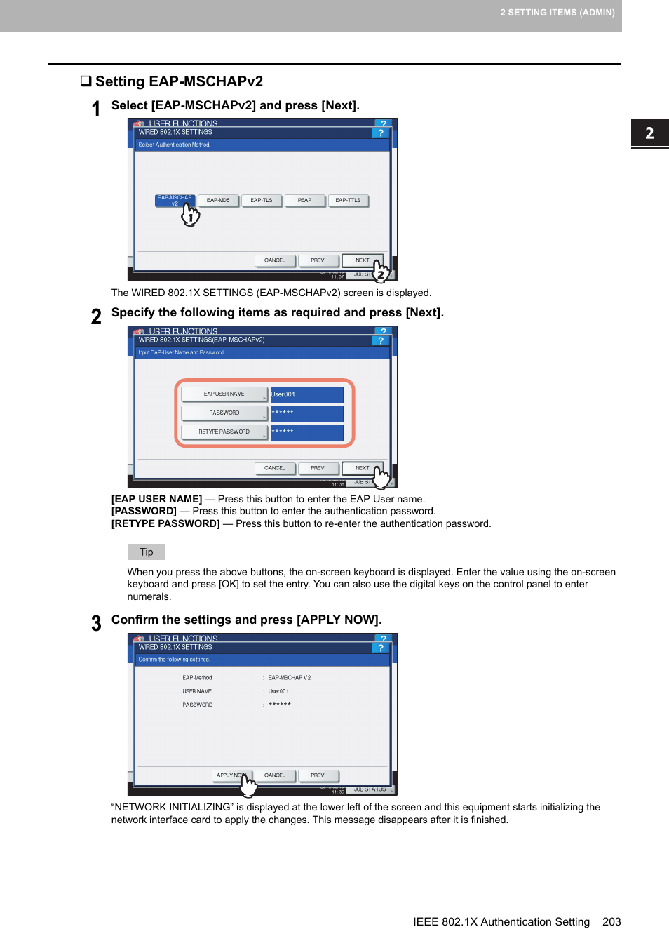 Setting eap-mschapv2, P.203 “setting eap-mschapv2 | Toshiba multifunctional digital color systems e-STUDIO4540C User Manual | Page 205 / 282