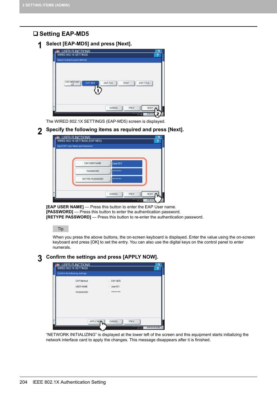 Setting eap-md5, P.204 “setting eap-md5 | Toshiba multifunctional digital color systems e-STUDIO4540C User Manual | Page 206 / 282