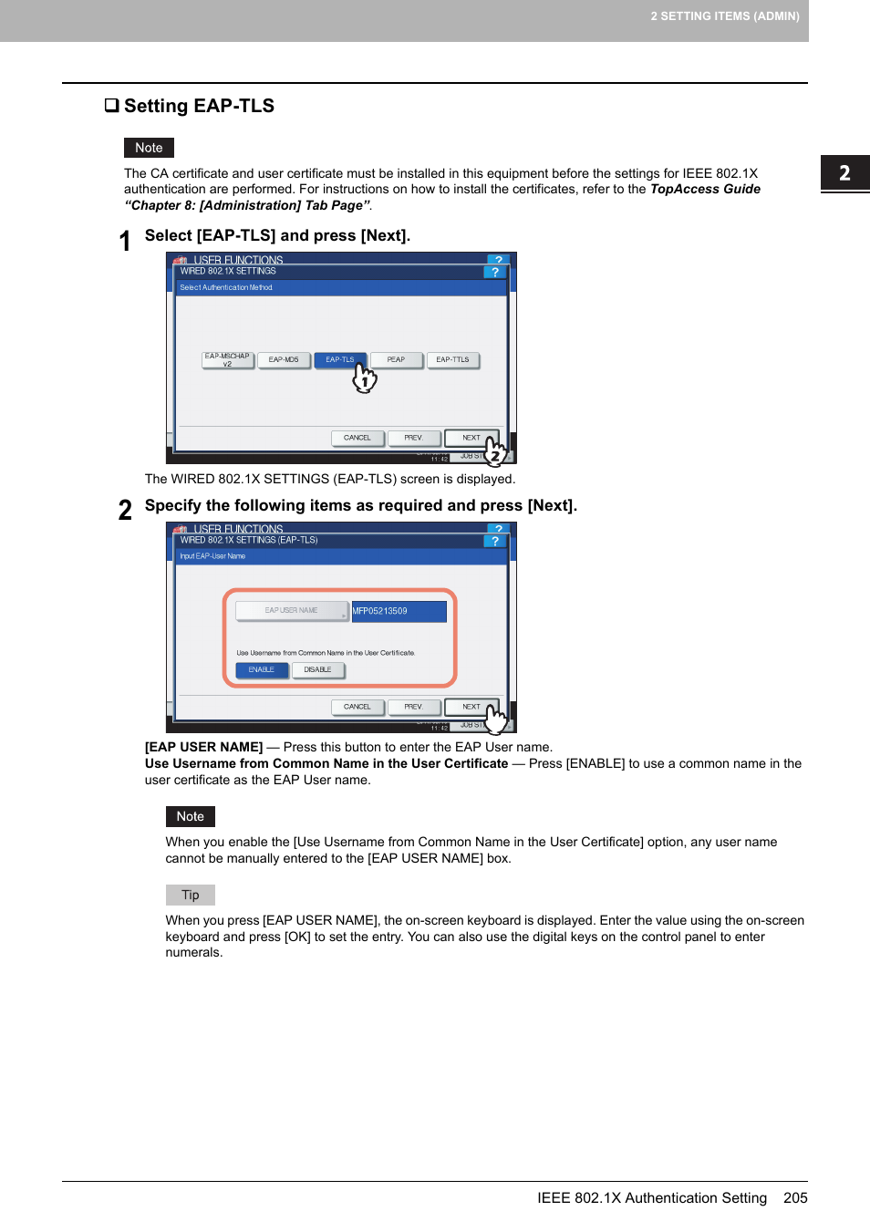 Setting eap-tls, P.205 “setting eap-tls | Toshiba multifunctional digital color systems e-STUDIO4540C User Manual | Page 207 / 282