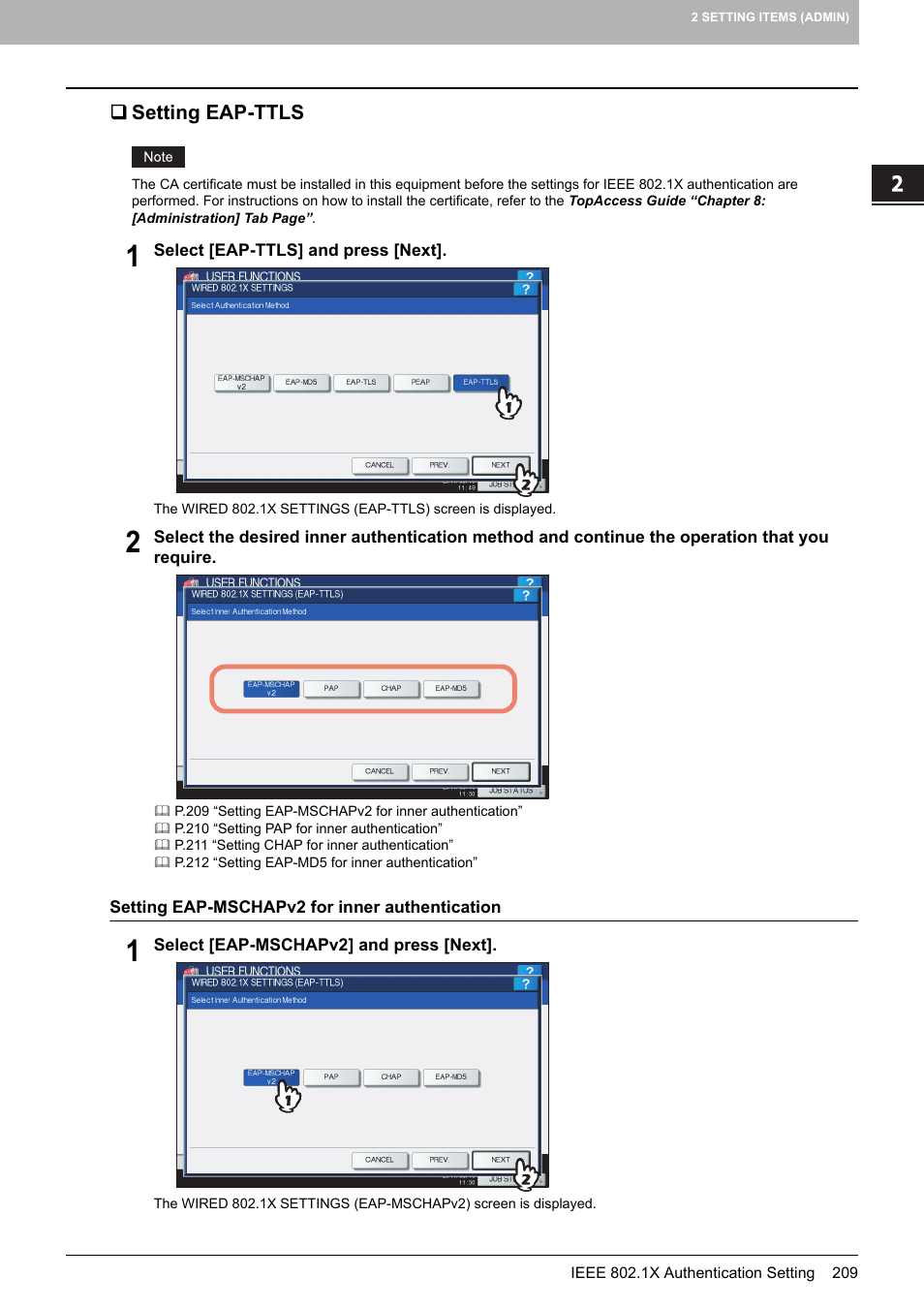 Setting eap-ttls, P.209 “setting eap-ttls | Toshiba multifunctional digital color systems e-STUDIO4540C User Manual | Page 211 / 282