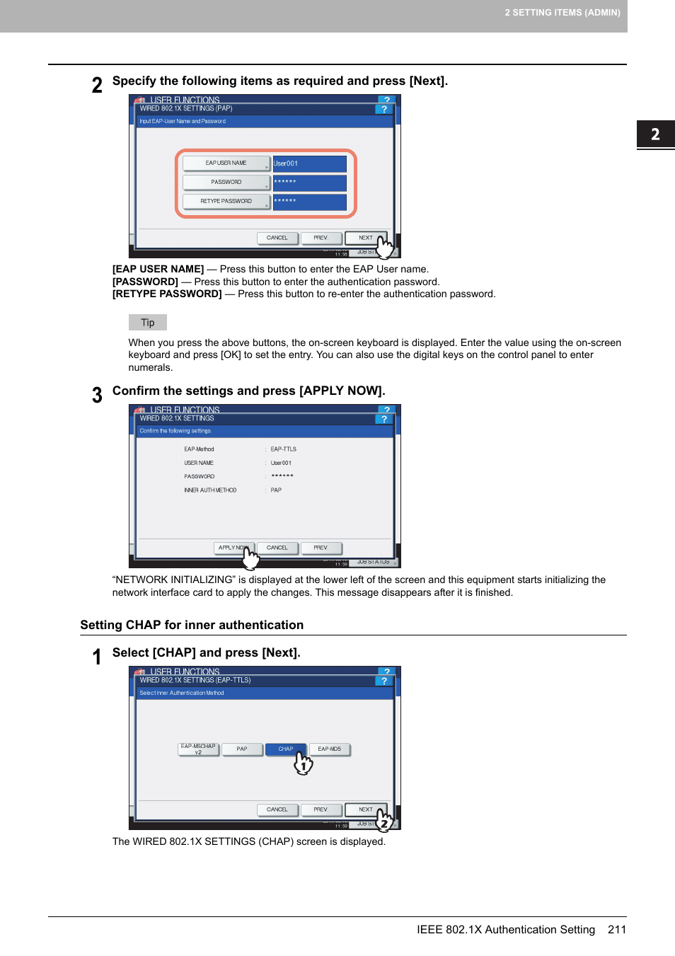 P.211 “setting chap for inner authentication | Toshiba multifunctional digital color systems e-STUDIO4540C User Manual | Page 213 / 282