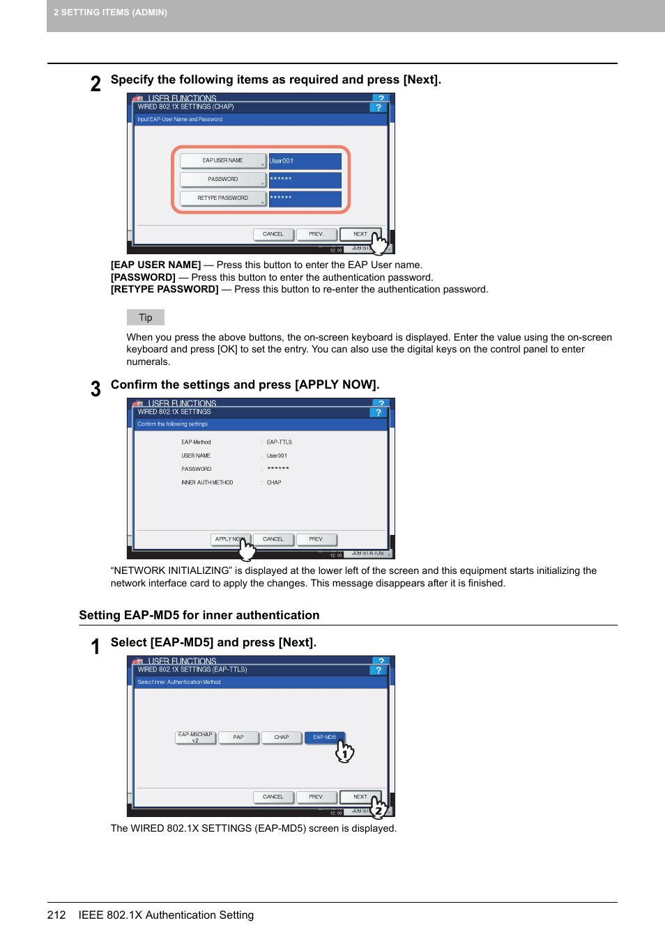 P.212 “setting eap-md5 for inner authentication | Toshiba multifunctional digital color systems e-STUDIO4540C User Manual | Page 214 / 282