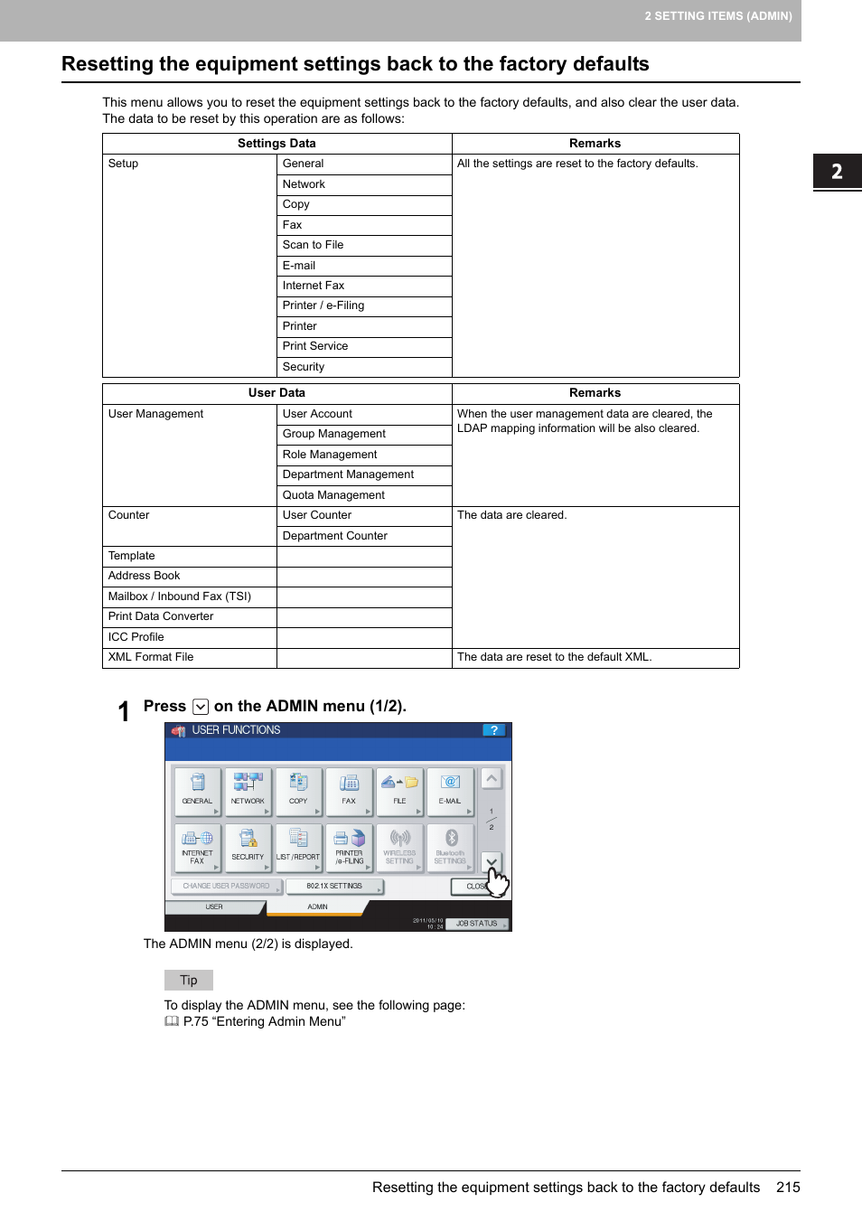 Press on the admin menu (1/2) | Toshiba multifunctional digital color systems e-STUDIO4540C User Manual | Page 217 / 282