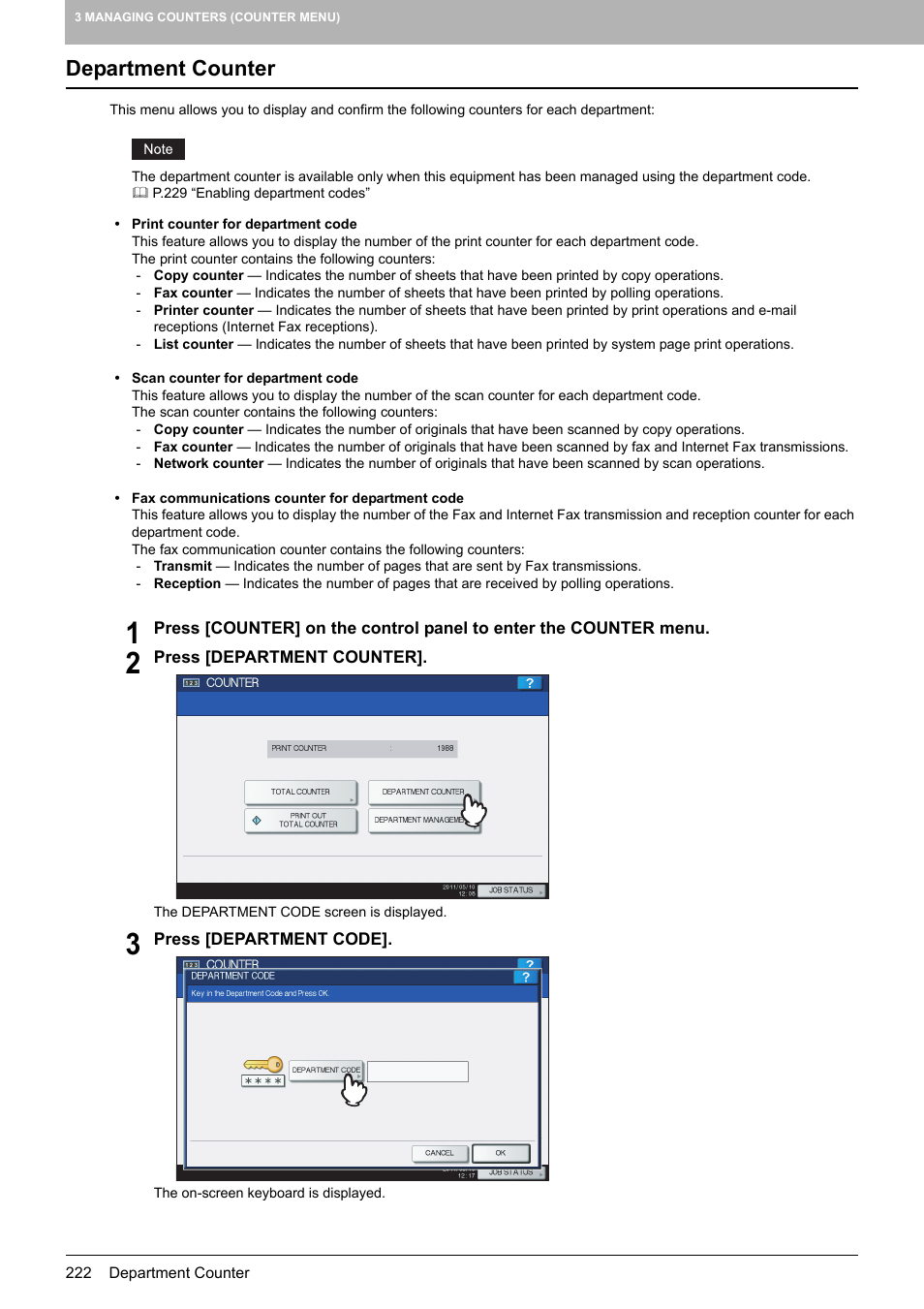 Department counter | Toshiba multifunctional digital color systems e-STUDIO4540C User Manual | Page 224 / 282