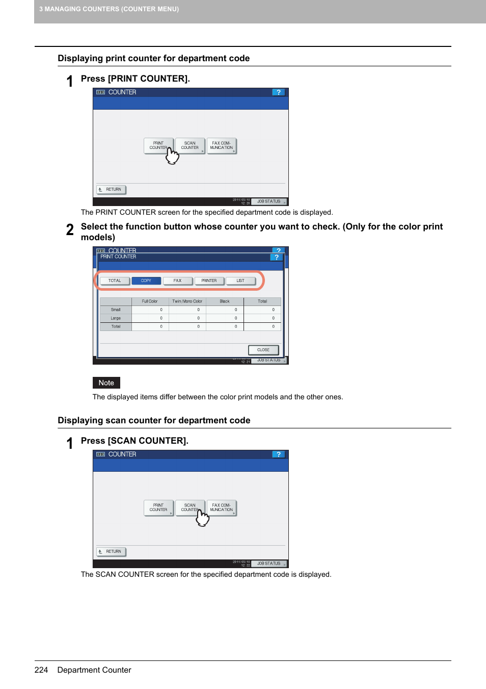 P.224 “displaying scan counter for department code | Toshiba multifunctional digital color systems e-STUDIO4540C User Manual | Page 226 / 282