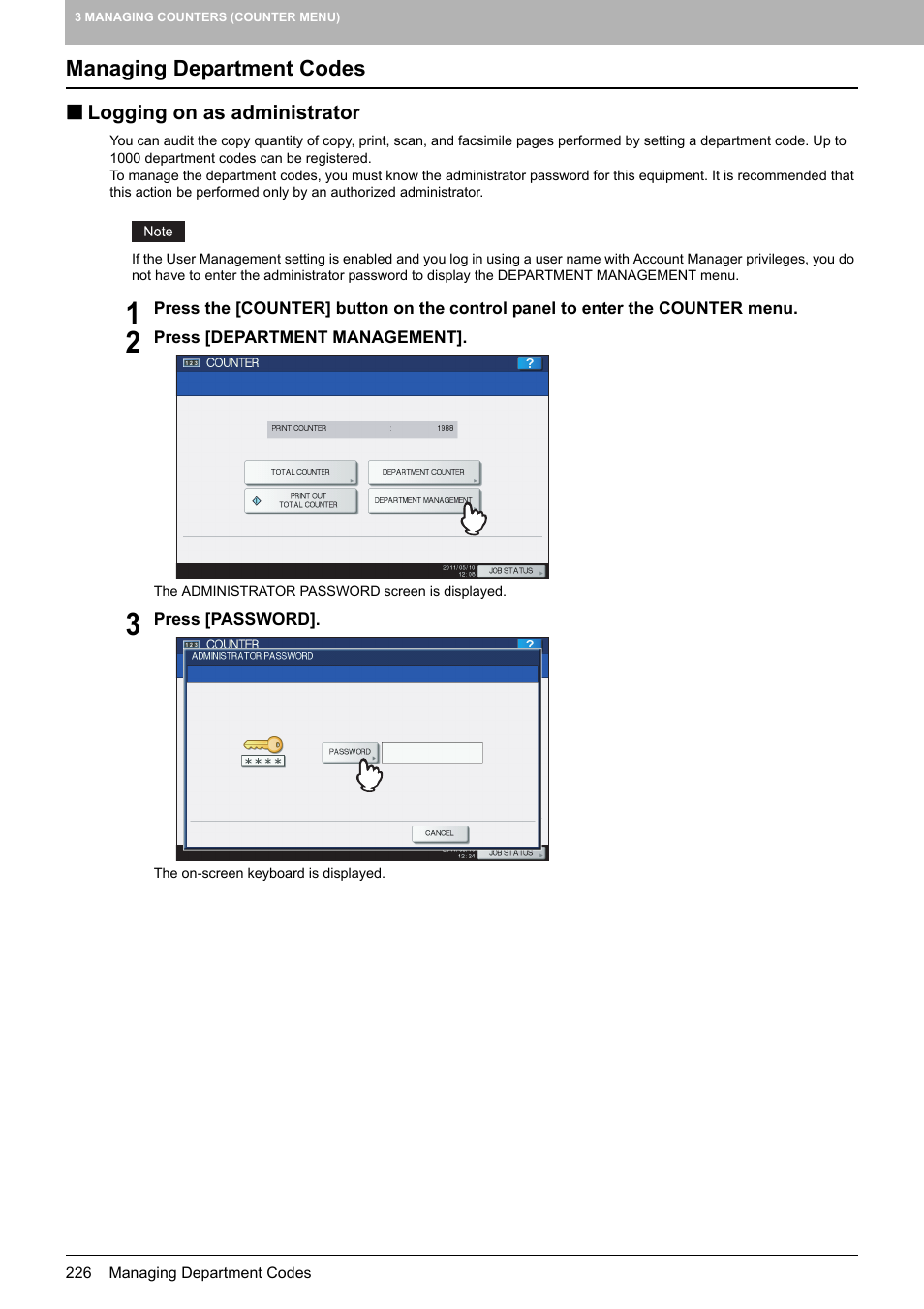 Managing department codes, Logging on as administrator | Toshiba multifunctional digital color systems e-STUDIO4540C User Manual | Page 228 / 282