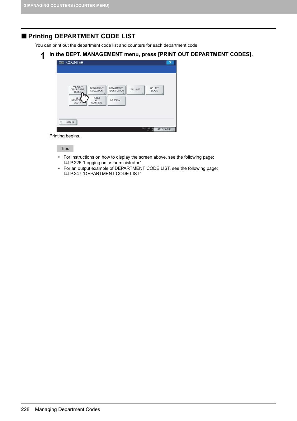 Printing department code list, P.228 “printing department code list | Toshiba multifunctional digital color systems e-STUDIO4540C User Manual | Page 230 / 282