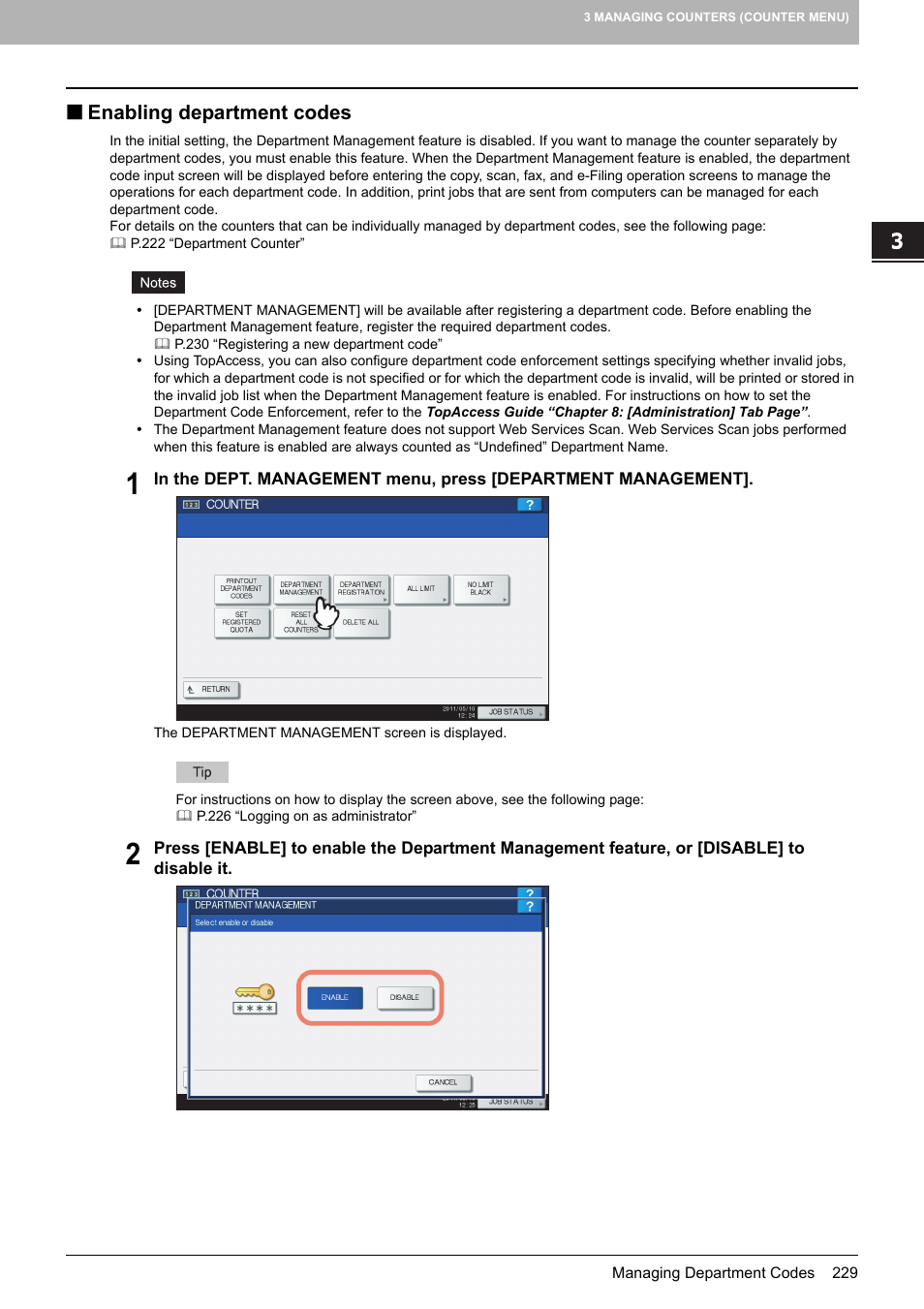 Enabling department codes, P.229 “enabling department codes | Toshiba multifunctional digital color systems e-STUDIO4540C User Manual | Page 231 / 282