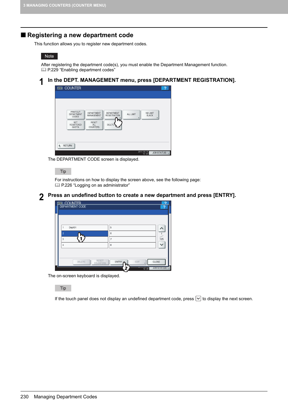 Registering a new department code, P.230 “registering a new department code | Toshiba multifunctional digital color systems e-STUDIO4540C User Manual | Page 232 / 282