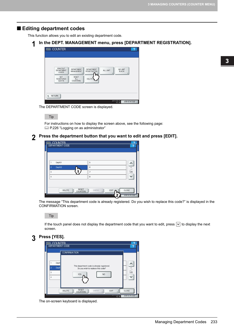 Editing department codes, P.233 “editing department codes | Toshiba multifunctional digital color systems e-STUDIO4540C User Manual | Page 235 / 282