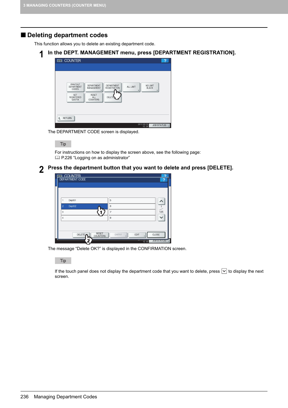 Deleting department codes, P.236 “deleting department codes | Toshiba multifunctional digital color systems e-STUDIO4540C User Manual | Page 238 / 282