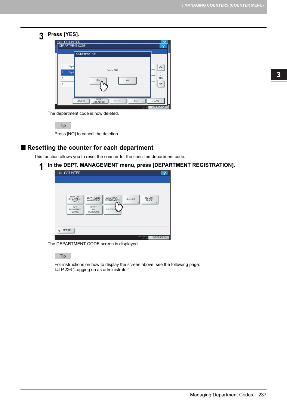 Resetting the counter for each department, P.237 “resetting the counter for each department | Toshiba multifunctional digital color systems e-STUDIO4540C User Manual | Page 239 / 282