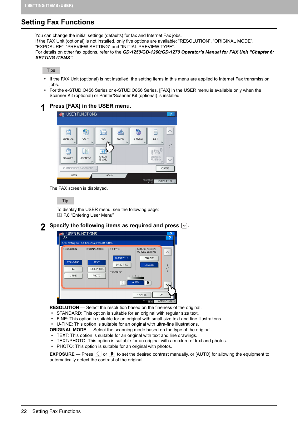 Setting fax functions, P.22 “setting fax functions | Toshiba multifunctional digital color systems e-STUDIO4540C User Manual | Page 24 / 282