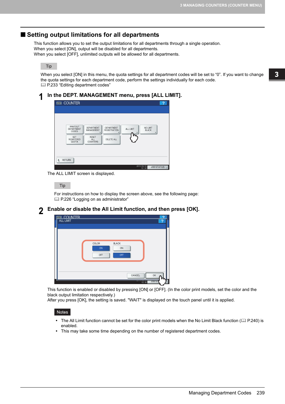 Setting output limitations for all departments | Toshiba multifunctional digital color systems e-STUDIO4540C User Manual | Page 241 / 282