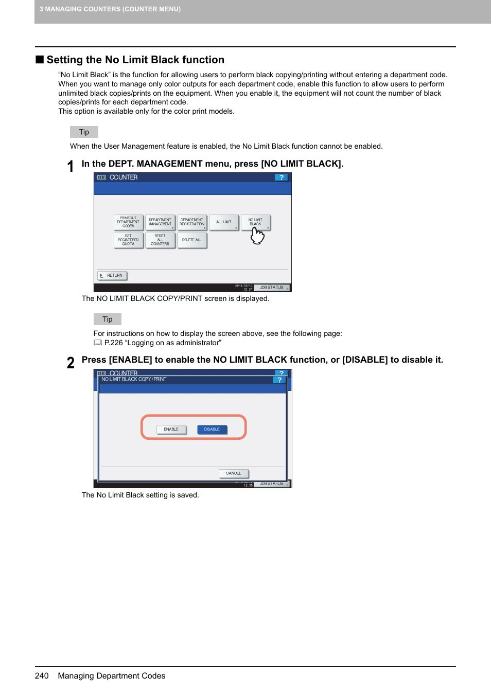 Setting the no limit black function, P.240) is ena, On ( p.240) i | P.240) is, P.240 “setting the no limit black function | Toshiba multifunctional digital color systems e-STUDIO4540C User Manual | Page 242 / 282