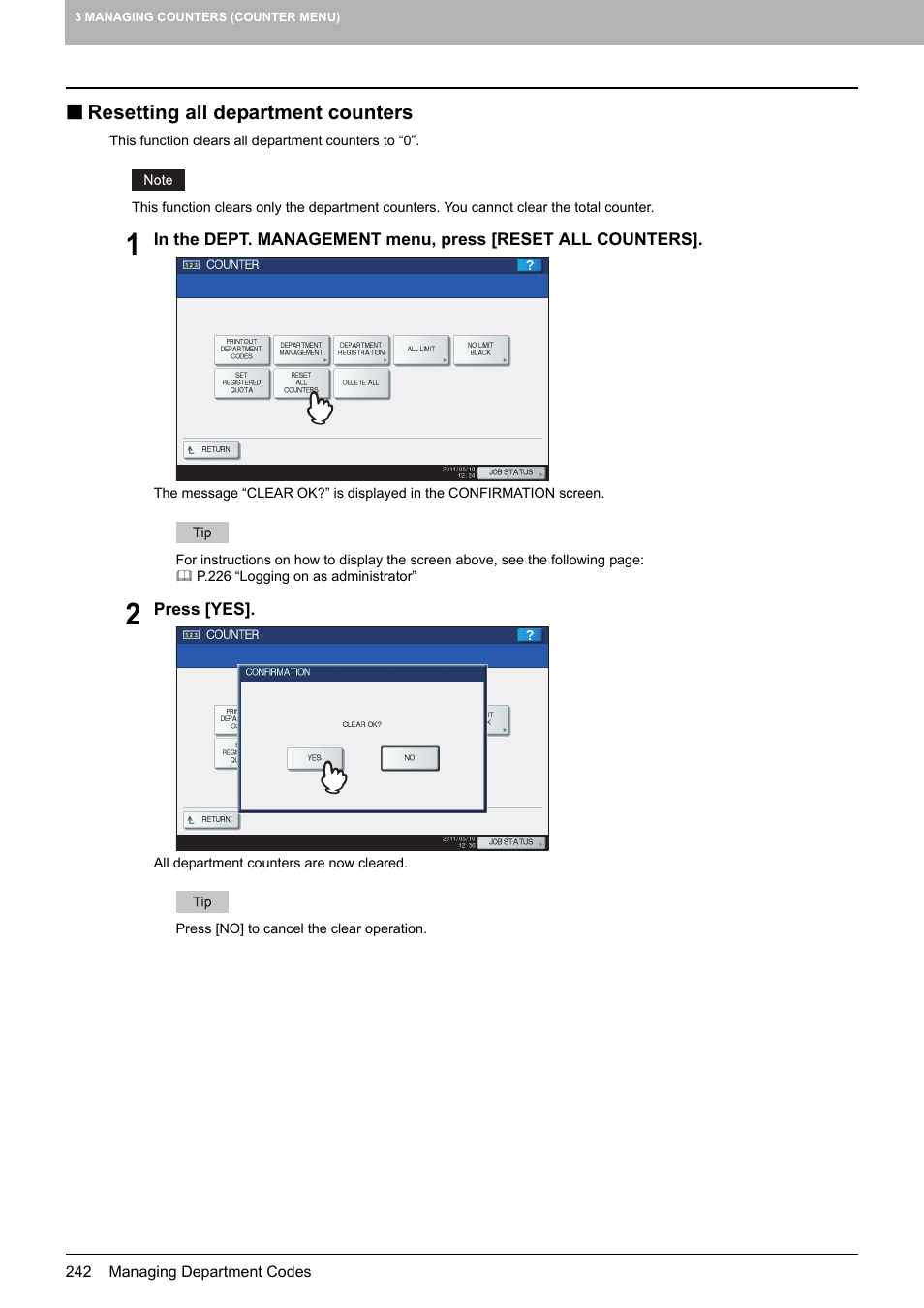 Resetting all department counters, P.242 “resetting all department counters | Toshiba multifunctional digital color systems e-STUDIO4540C User Manual | Page 244 / 282