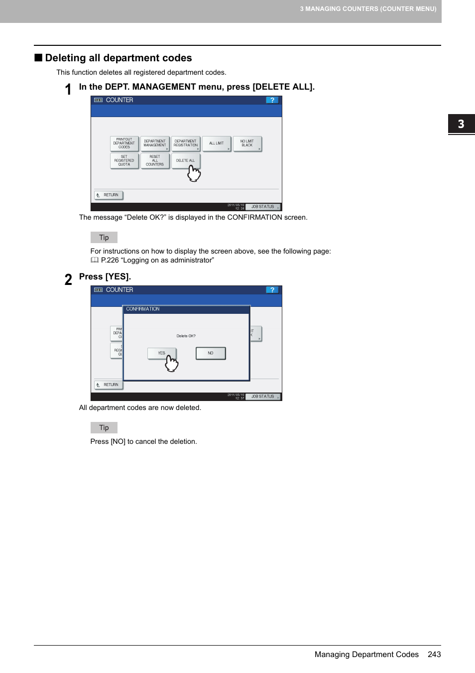 Deleting all department codes, P.243 “deleting all department codes | Toshiba multifunctional digital color systems e-STUDIO4540C User Manual | Page 245 / 282