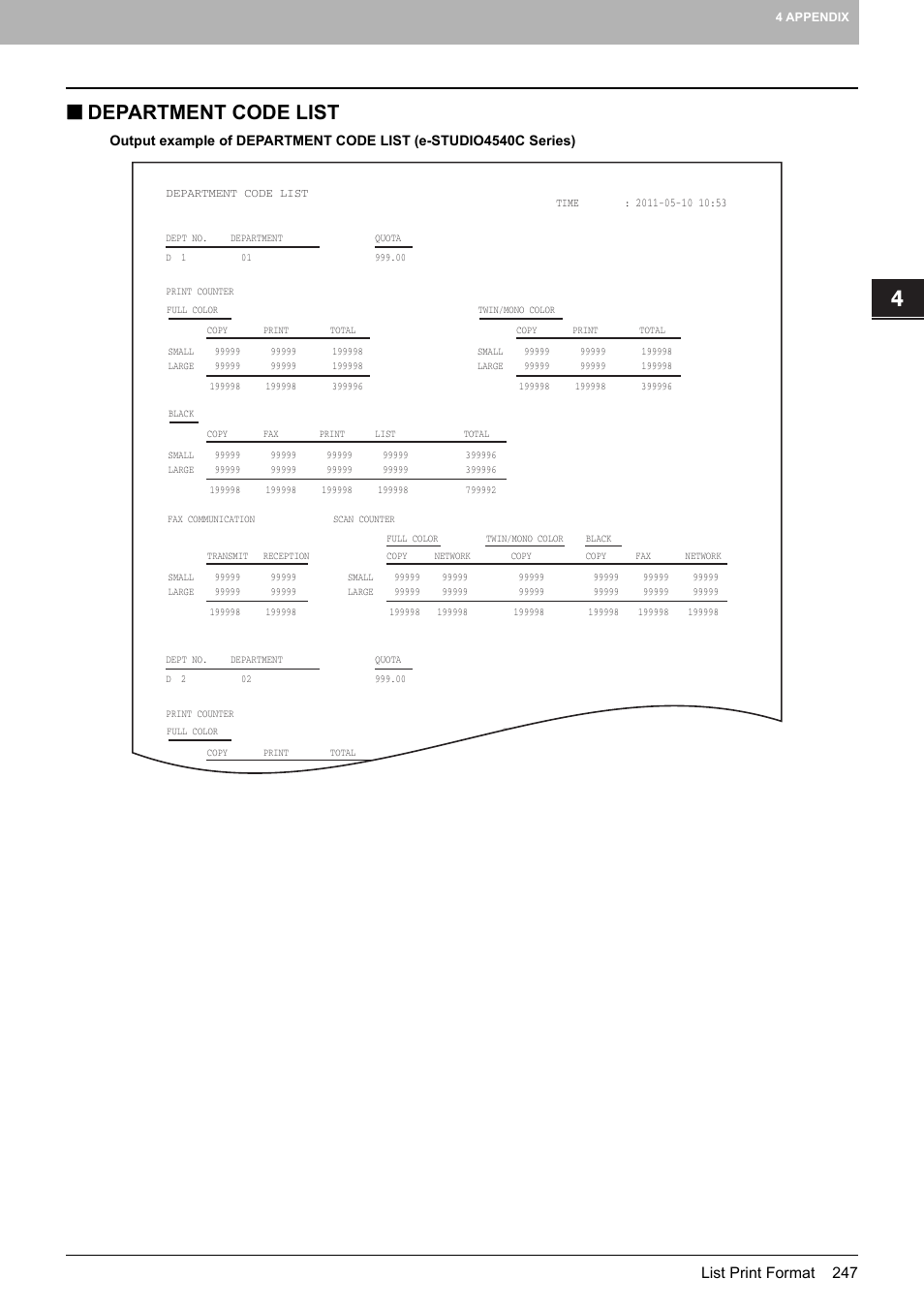 Department code list, P.247 “department code list, List print format 247 | Toshiba multifunctional digital color systems e-STUDIO4540C User Manual | Page 249 / 282