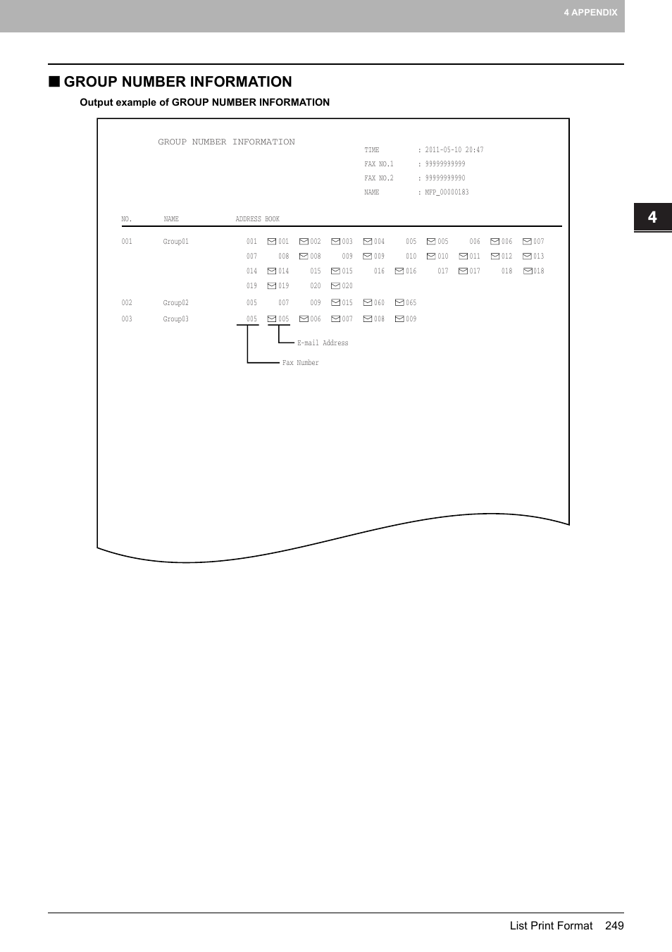 Group number information, P.249 “group number information | Toshiba multifunctional digital color systems e-STUDIO4540C User Manual | Page 251 / 282