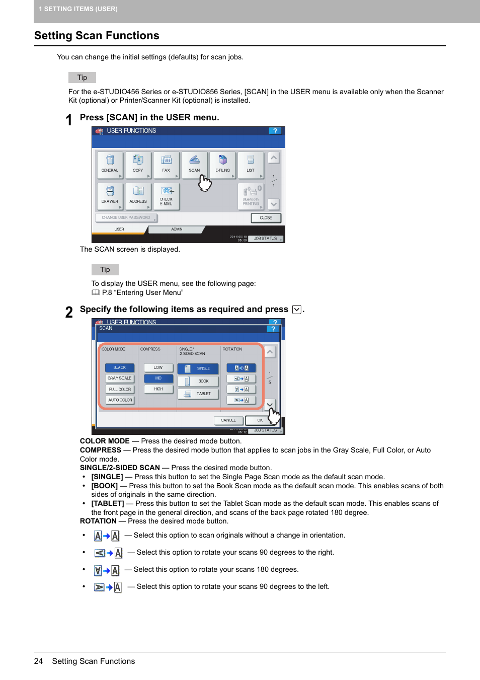 Setting scan functions, P.24 “setting scan functions | Toshiba multifunctional digital color systems e-STUDIO4540C User Manual | Page 26 / 282