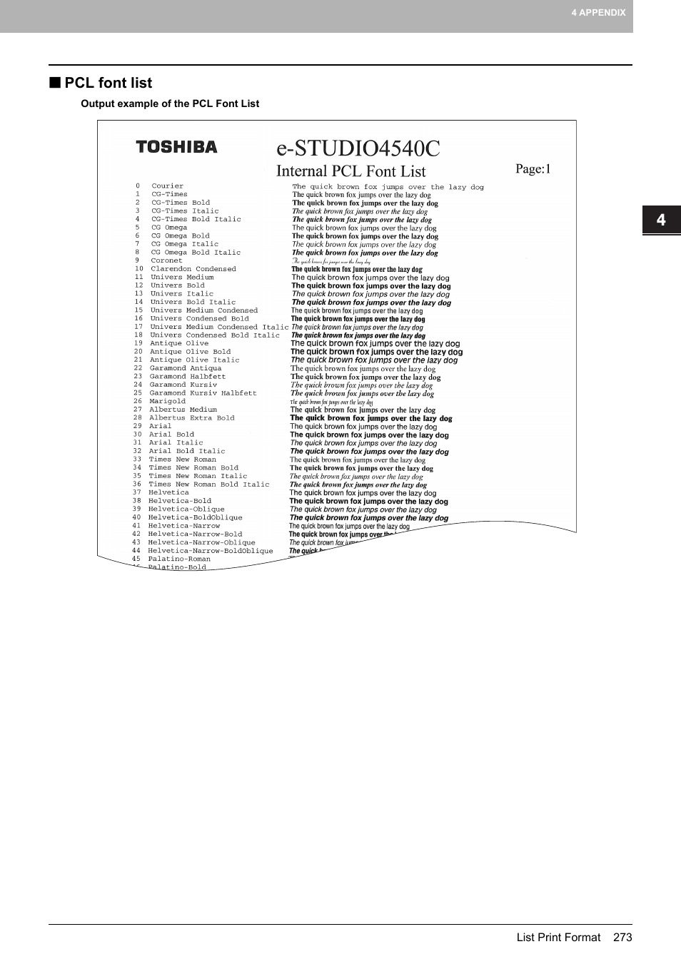 Pcl font list | Toshiba multifunctional digital color systems e-STUDIO4540C User Manual | Page 275 / 282