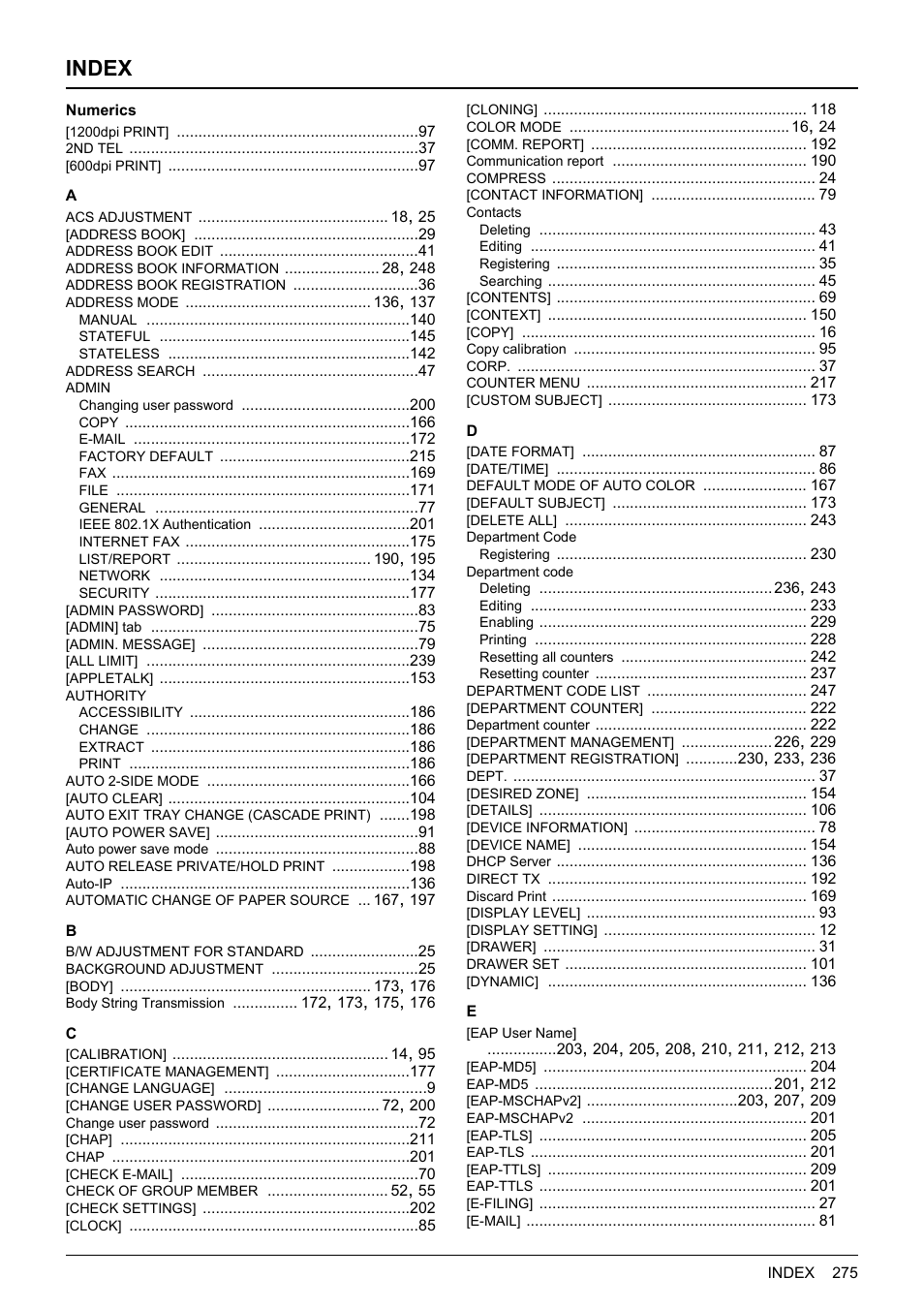 Index | Toshiba multifunctional digital color systems e-STUDIO4540C User Manual | Page 277 / 282