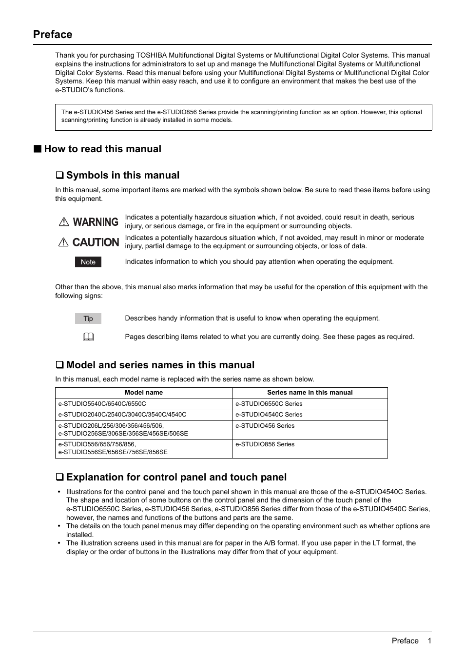 Preface, How to read this manual, Symbols in this manual | Model and series names in this manual, Explanation for control panel and touch panel, How to read this manual  symbols in this manual | Toshiba multifunctional digital color systems e-STUDIO4540C User Manual | Page 3 / 282