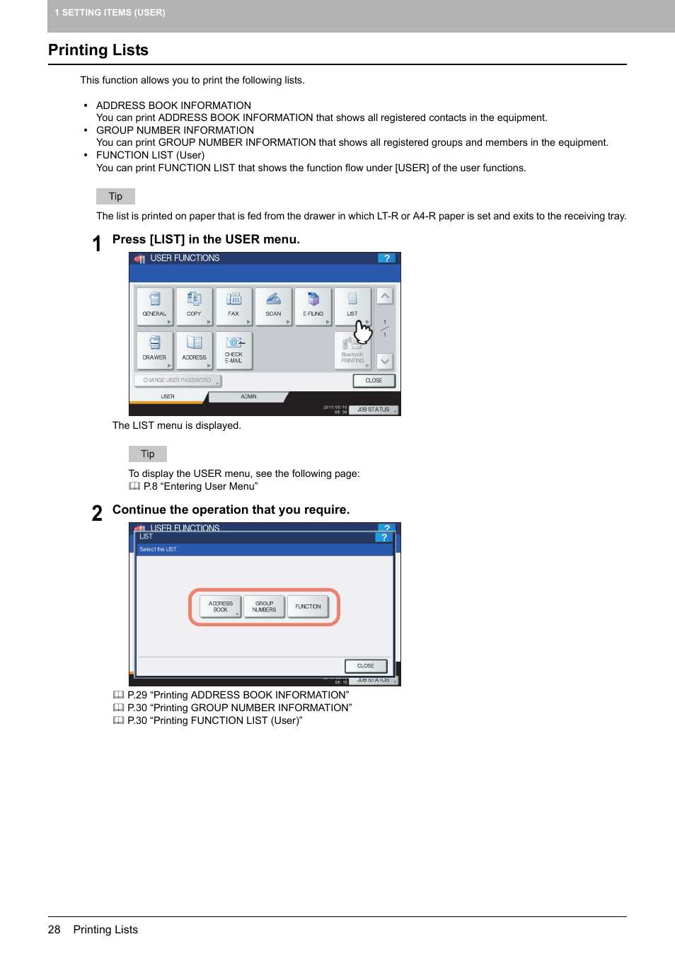 Printing lists, P.28 “printing lists | Toshiba multifunctional digital color systems e-STUDIO4540C User Manual | Page 30 / 282