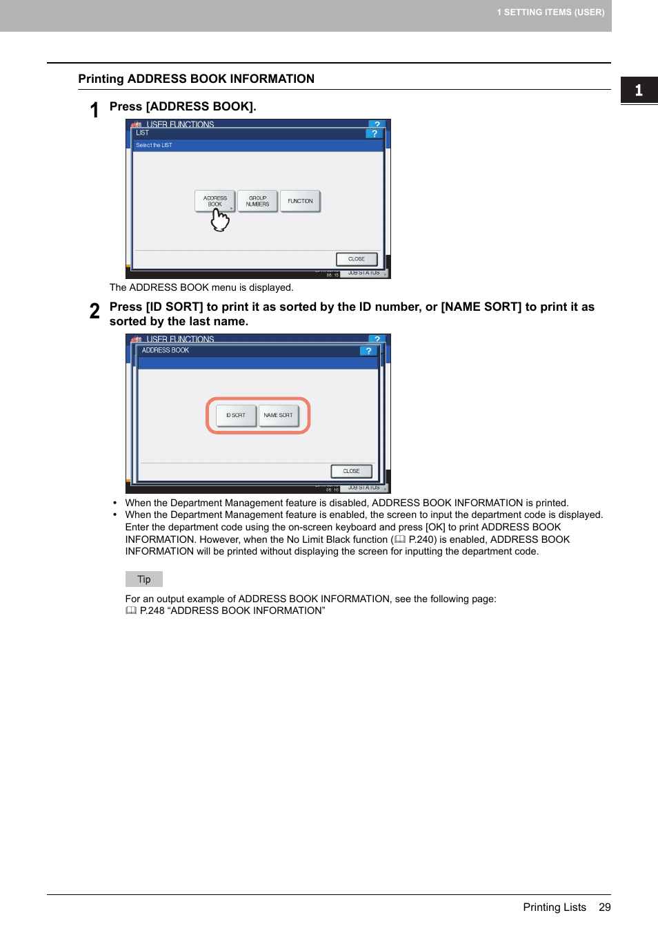 P.29 “printing address book information | Toshiba multifunctional digital color systems e-STUDIO4540C User Manual | Page 31 / 282