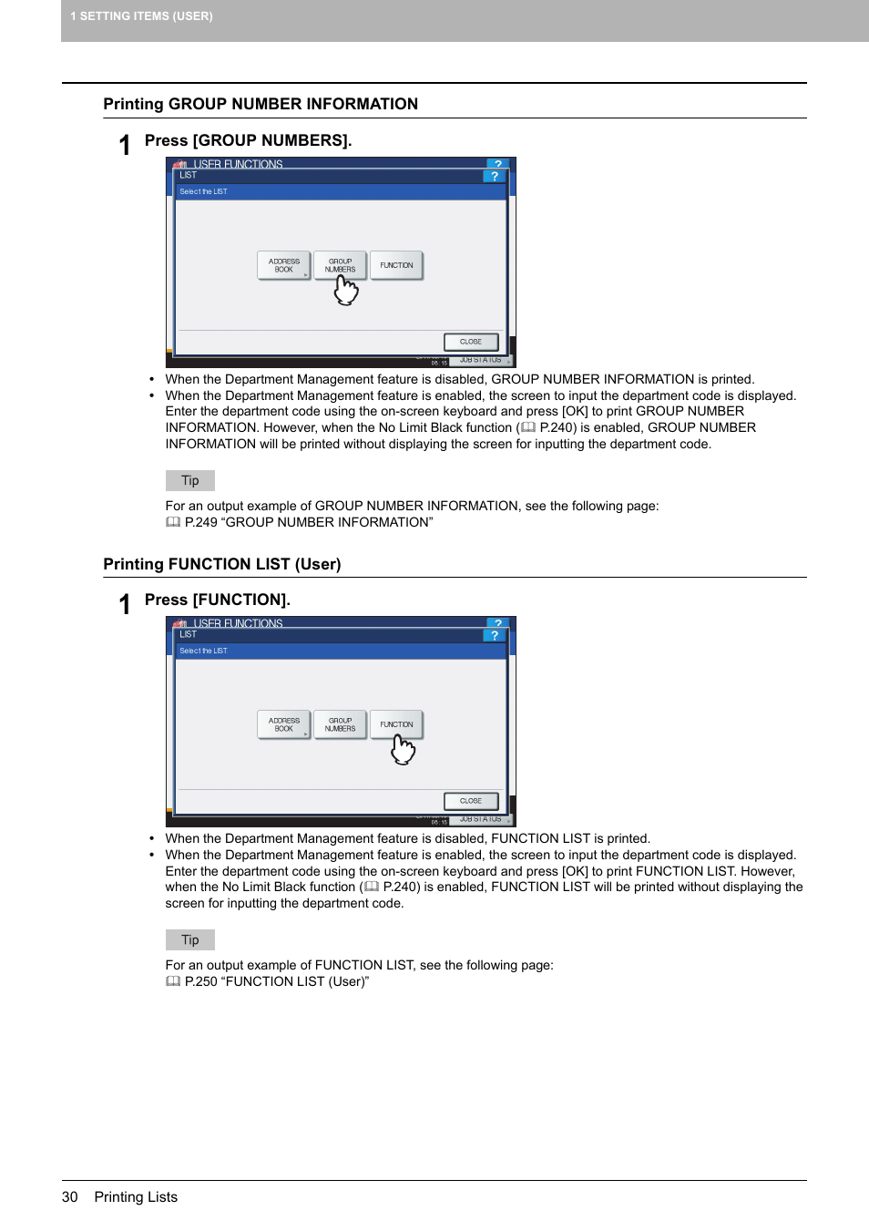 P.30 “printing group number information, P.30 “printing function list (user) | Toshiba multifunctional digital color systems e-STUDIO4540C User Manual | Page 32 / 282