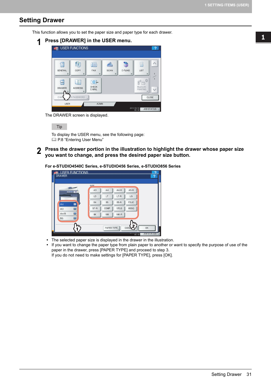 Setting drawer, P.31 “setting drawer | Toshiba multifunctional digital color systems e-STUDIO4540C User Manual | Page 33 / 282