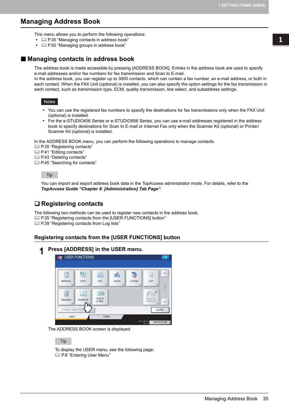 Managing address book, Managing contacts in address book, Registering contacts | P.35 “managing address book | Toshiba multifunctional digital color systems e-STUDIO4540C User Manual | Page 37 / 282