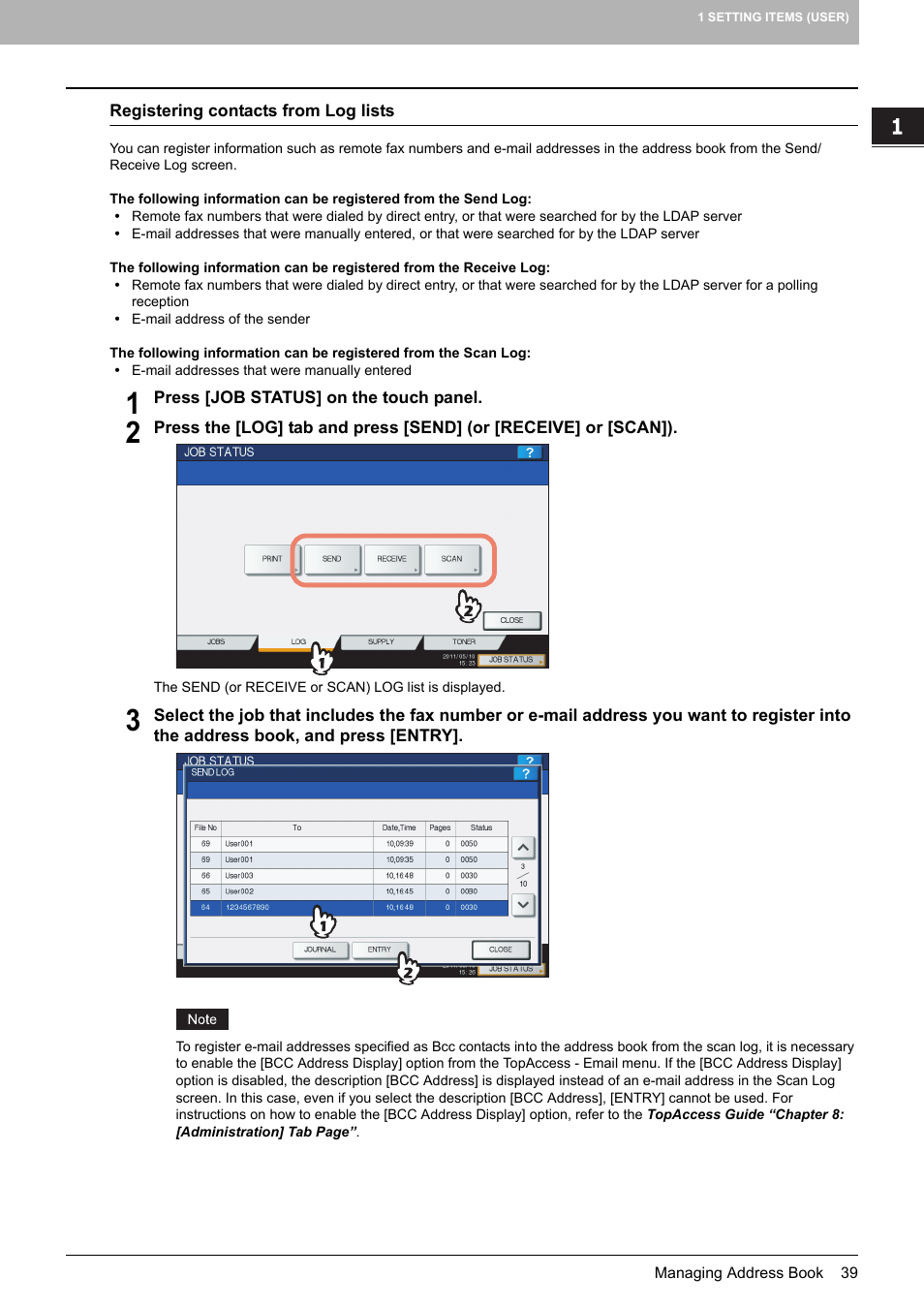 P.39 “registering contacts from log lists | Toshiba multifunctional digital color systems e-STUDIO4540C User Manual | Page 41 / 282