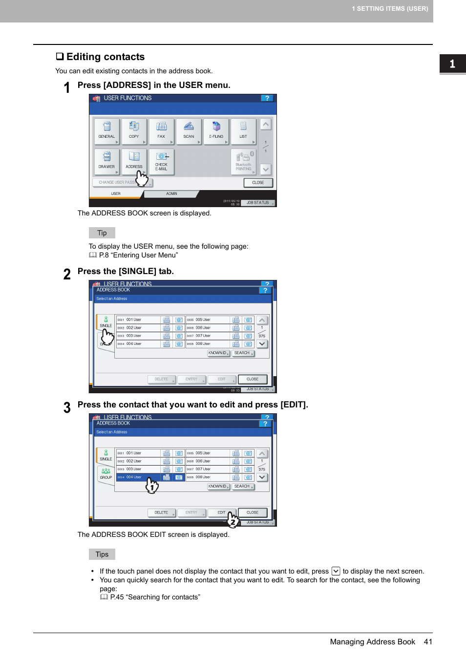 Editing contacts, P.41 “editing contacts | Toshiba multifunctional digital color systems e-STUDIO4540C User Manual | Page 43 / 282