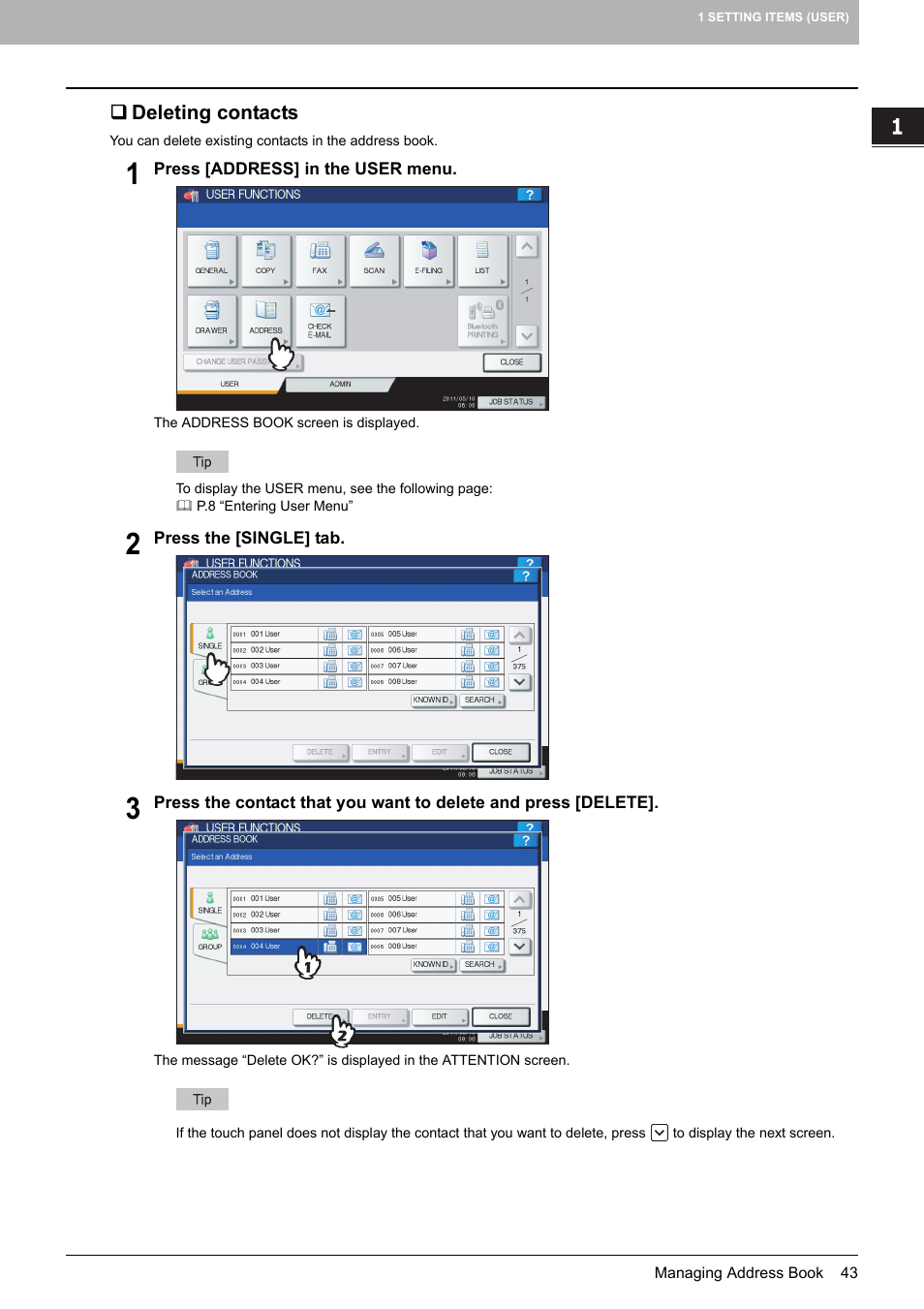 Deleting contacts, P.43 “deleting contacts | Toshiba multifunctional digital color systems e-STUDIO4540C User Manual | Page 45 / 282