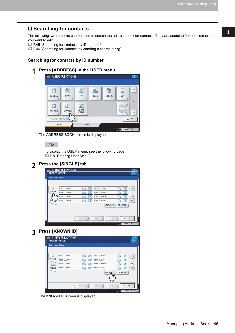 Searching for contacts, P.45 “searching for contacts | Toshiba multifunctional digital color systems e-STUDIO4540C User Manual | Page 47 / 282