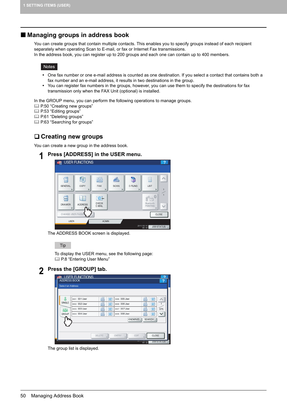 Managing groups in address book, Creating new groups, P.50 “managing groups in address book | Toshiba multifunctional digital color systems e-STUDIO4540C User Manual | Page 52 / 282