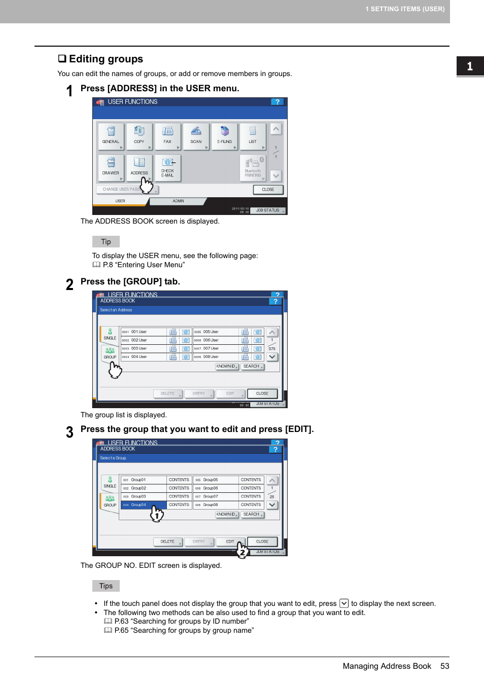 Editing groups, P.53 “editing groups | Toshiba multifunctional digital color systems e-STUDIO4540C User Manual | Page 55 / 282