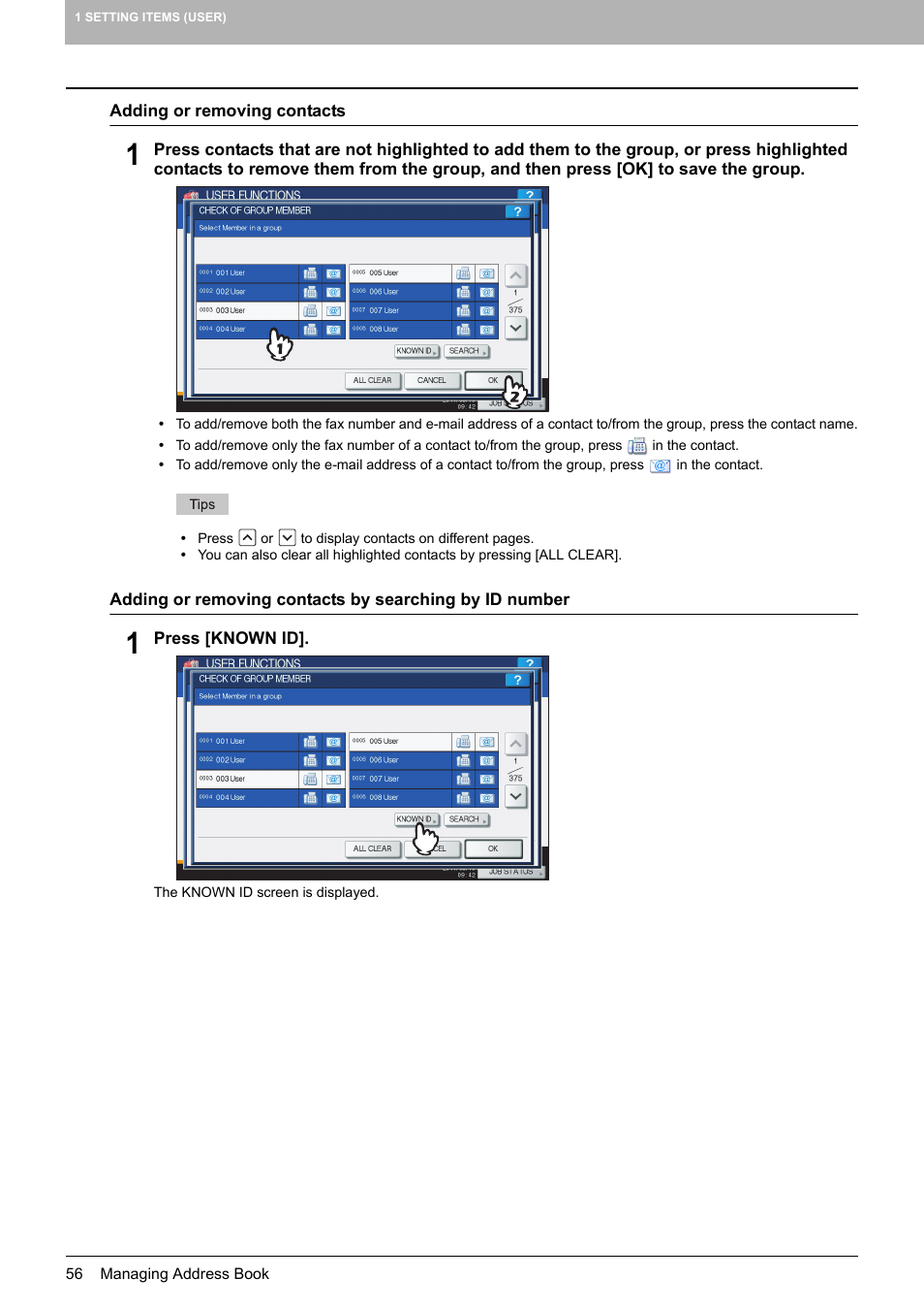 P.56 “adding or removing contacts | Toshiba multifunctional digital color systems e-STUDIO4540C User Manual | Page 58 / 282