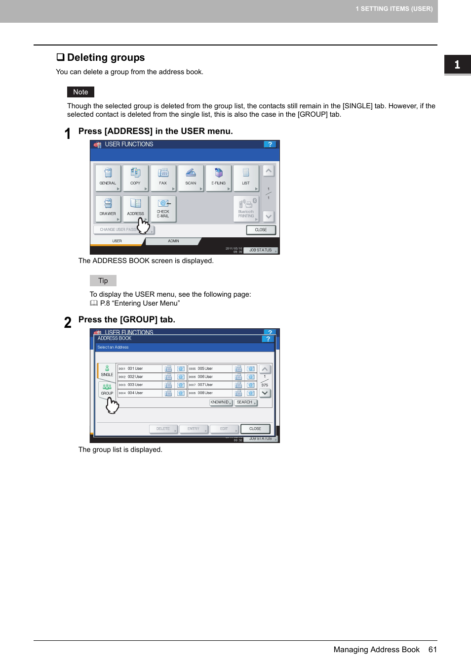 Deleting groups, P.61 “deleting groups | Toshiba multifunctional digital color systems e-STUDIO4540C User Manual | Page 63 / 282