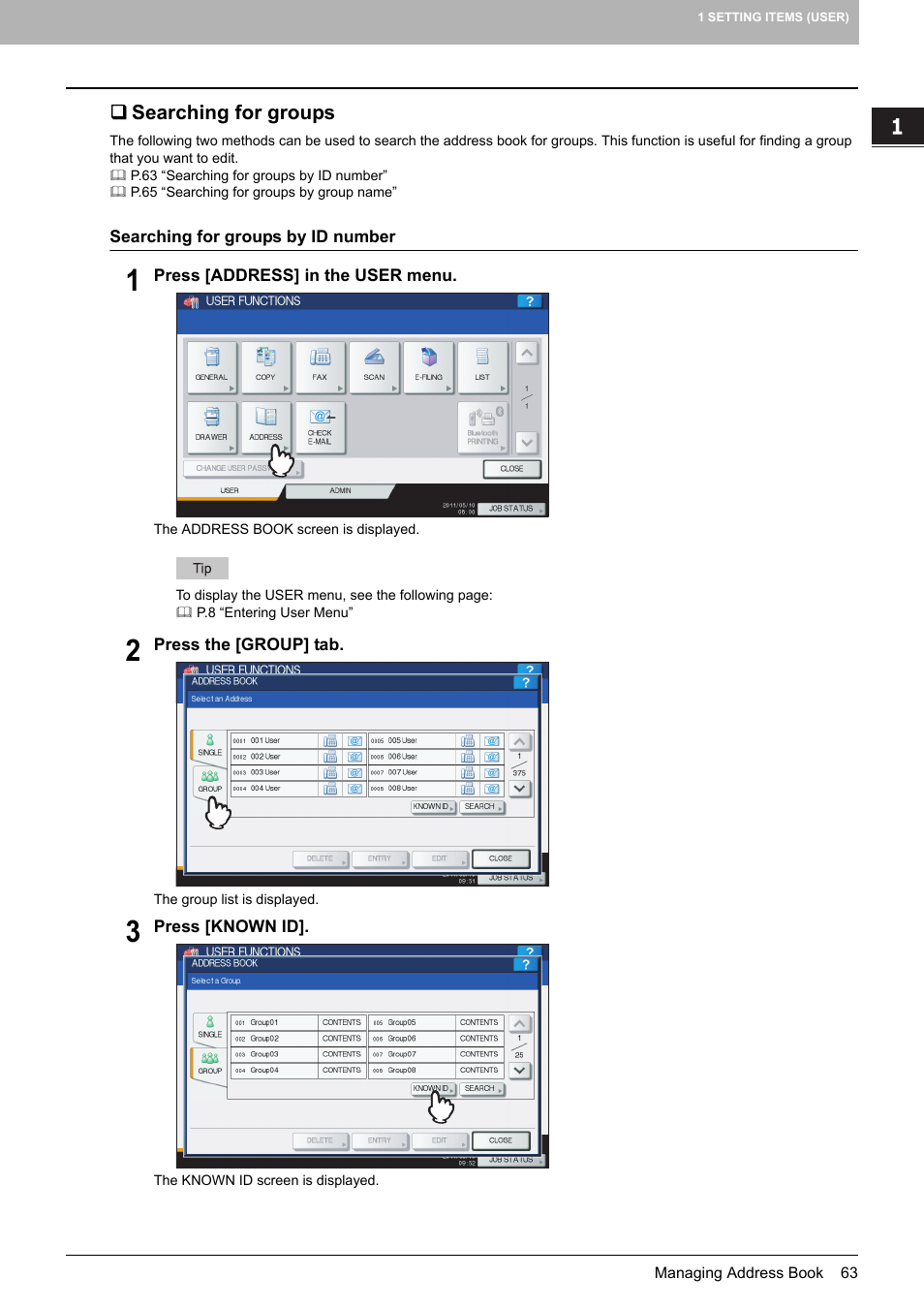 Searching for groups, P.63 “searching for groups, P.63 “searching for groups by id number | Toshiba multifunctional digital color systems e-STUDIO4540C User Manual | Page 65 / 282