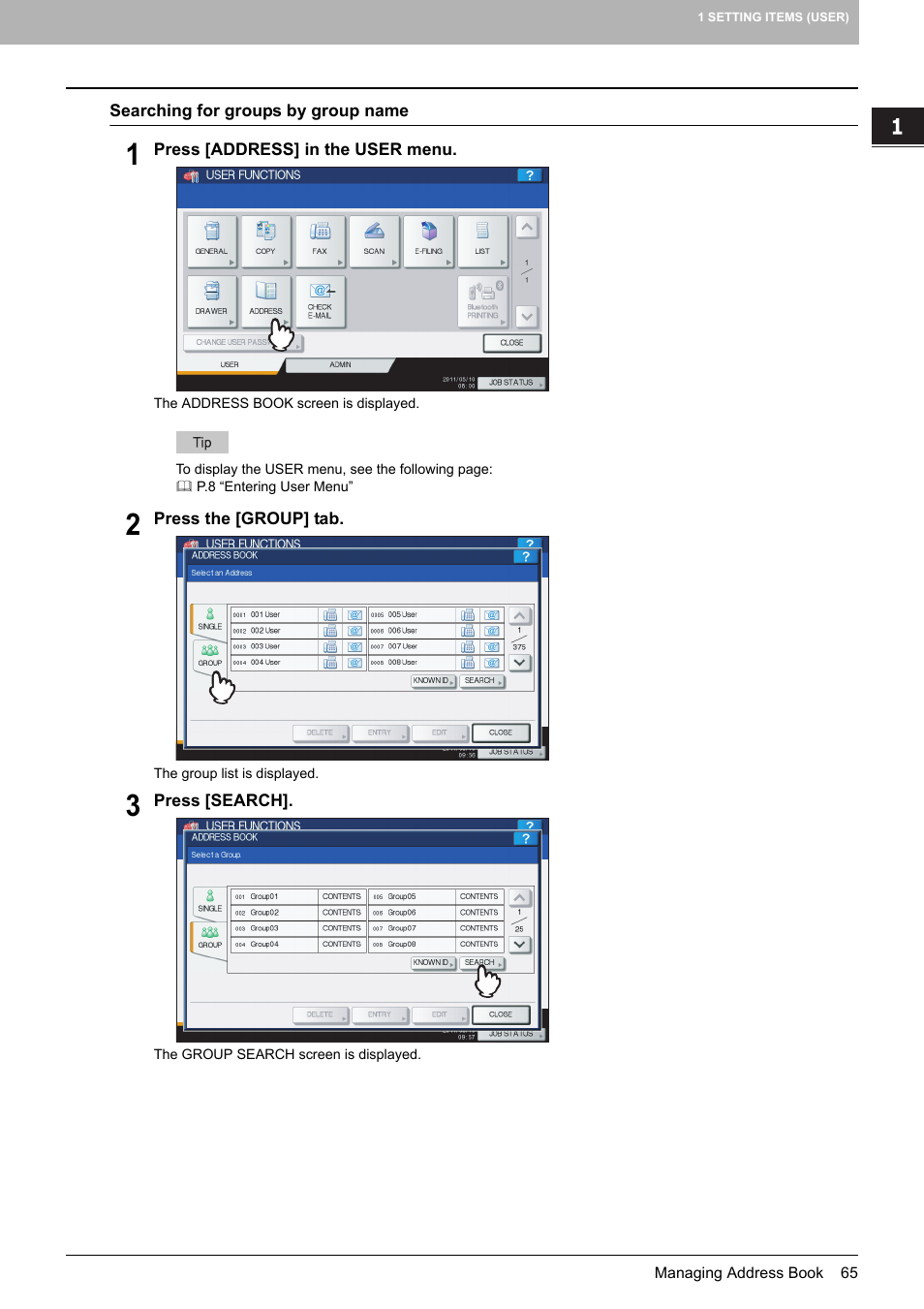 P.65 “searching for groups by group name | Toshiba multifunctional digital color systems e-STUDIO4540C User Manual | Page 67 / 282