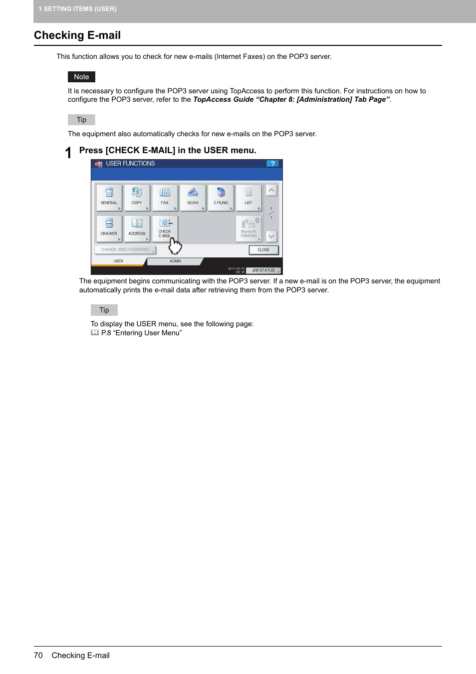 Checking e-mail, P.70 “checking e-mail | Toshiba multifunctional digital color systems e-STUDIO4540C User Manual | Page 72 / 282