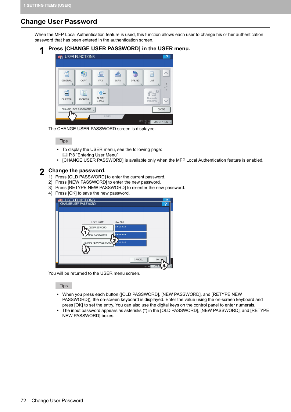 Change user password, P.72 “change user password | Toshiba multifunctional digital color systems e-STUDIO4540C User Manual | Page 74 / 282